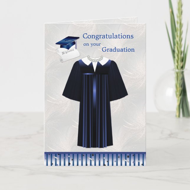Silver blue mortar, gown and diploma Graduation Card (Front)
