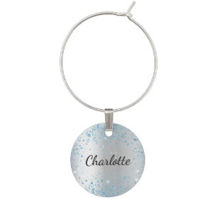 Silver blue name script wine charm