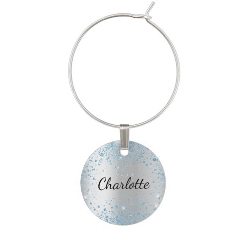 Silver blue name script wine charm