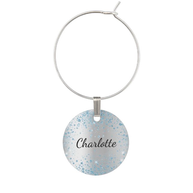 Silver blue name script wine charm (Front)