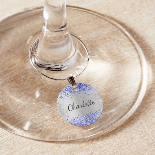 Silver blue name script wine charm