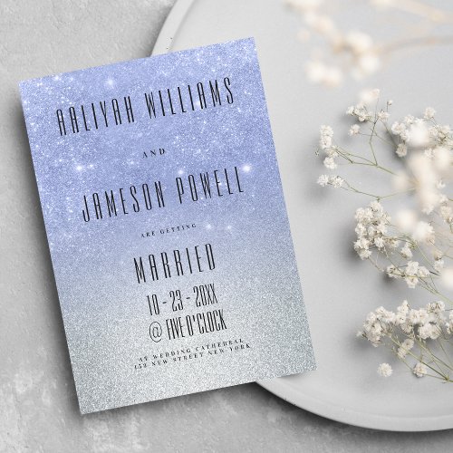 Silver blue ombre glitter retro themed wedding invitation