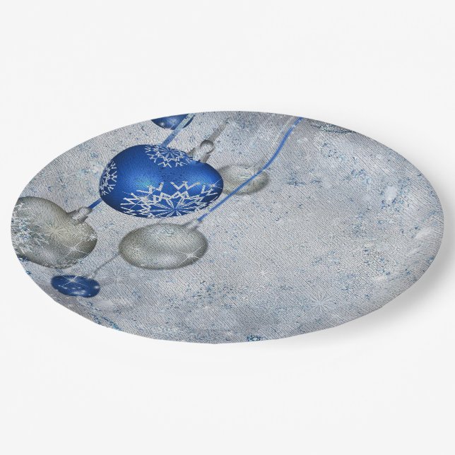 Silver blue ornaments paper plates (Angled)
