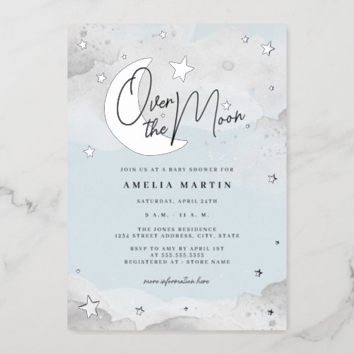 Silver Blue Over the Moon Baby Shower Foil  Foil Invitation