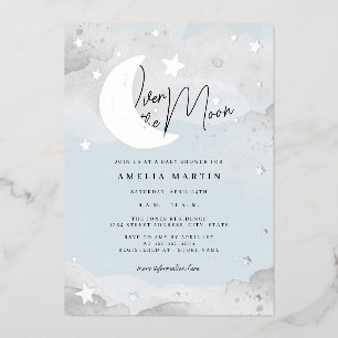Silver Blue Over the Moon Baby Shower Foil  Invitation