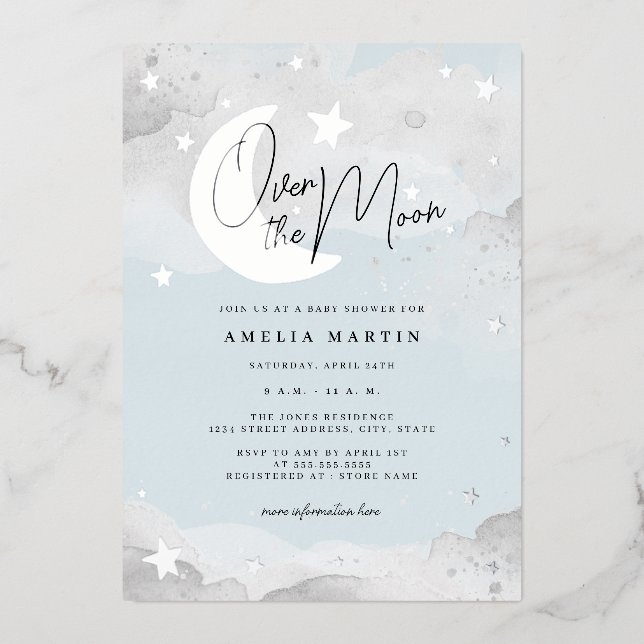 Silver Blue Over the Moon Baby Shower Foil  Invitation (Front)