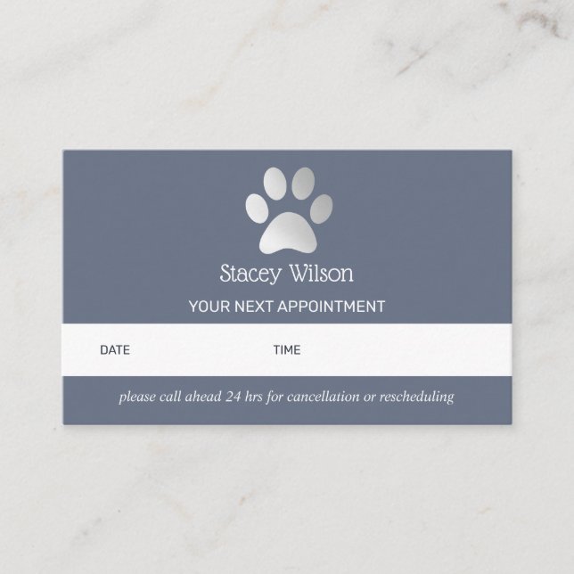 Silver Blue Paw Print Logo Appointment Card (Front)