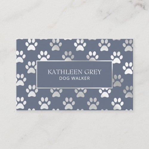 Silver Blue Paw Print Pattern  Pet Groomer Business Card