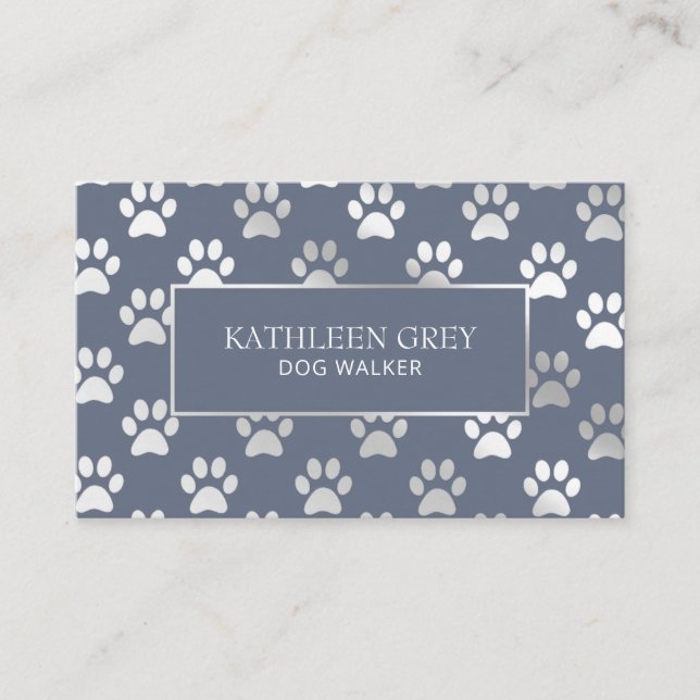 Silver Blue Paw Print Pattern | Pet Groomer Business Card (Front)