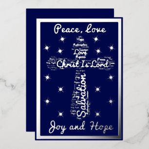 Silver Blue Peace Love Joy Hope Cross Christmas Foil Holiday Card