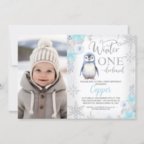 Silver Blue Penguin Winter Onederland Birthday Invitation