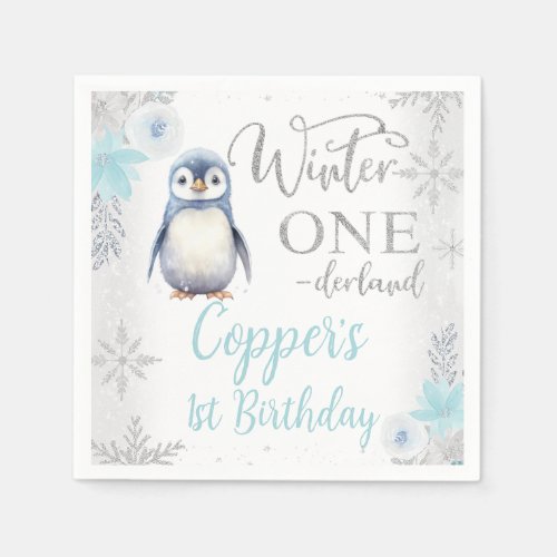 Silver Blue Penguin Winter Onederland Birthday Napkins