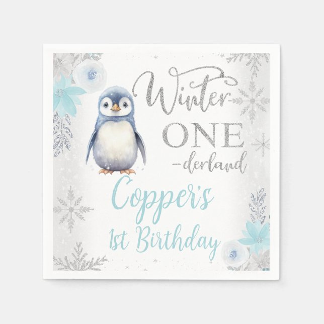 Silver Blue Penguin Winter Onederland Birthday Napkins (Front)