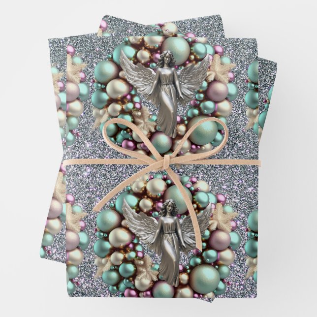 Silver Blue Pink Christmas Wreath Silver Angel  Wrapping Paper Sheets (In situ)