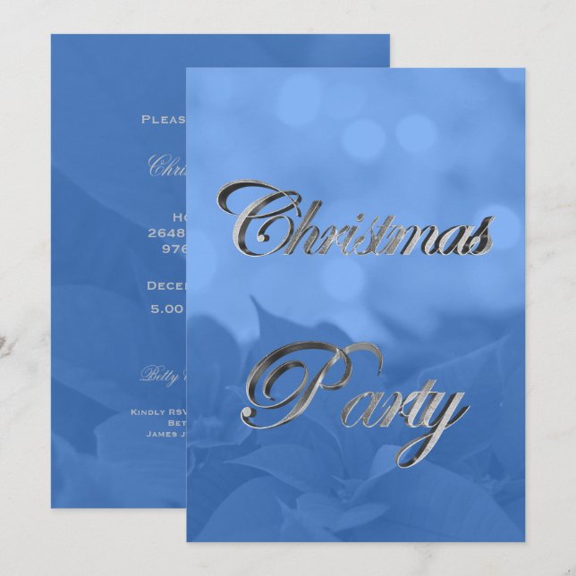 Silver Blue Poinsettia Christmas Party Invitation (Front/Back)