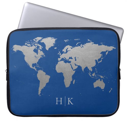 Silver Blue Professional World Map Monogram Laptop Sleeve
