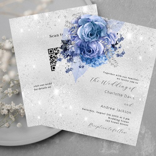 Silver blue QR RSVP budget wedding invitation