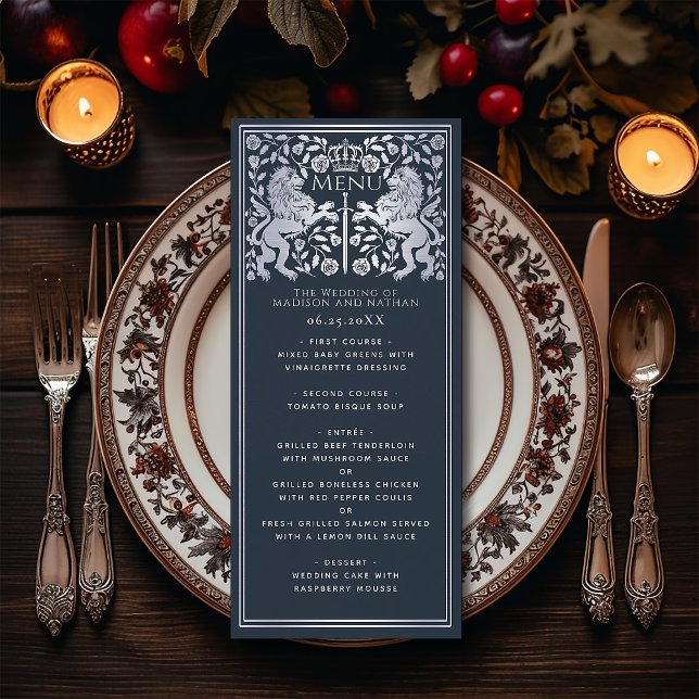 Silver Blue Royal Lion Medieval Sword Wedding  Menu (Creator Uploaded)