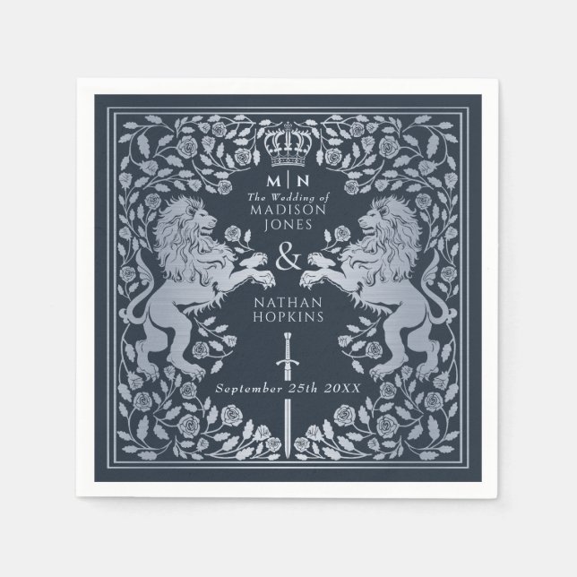 Silver Blue Royal Lion Medieval Sword Wedding  Napkins (Front)