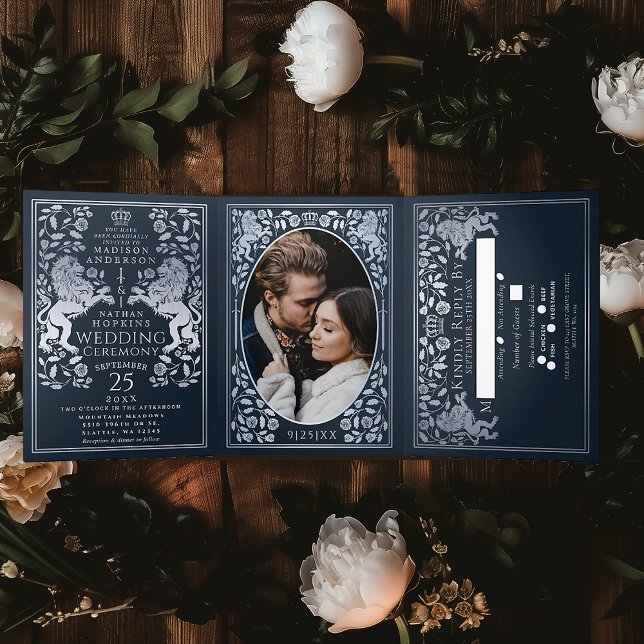 Silver Blue Royal Medieval Lion Wedding Tri-Fold Invitation (Creator Uploaded)