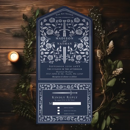 Silver Blue Royal Medieval Sword Wedding  All In One Invitation