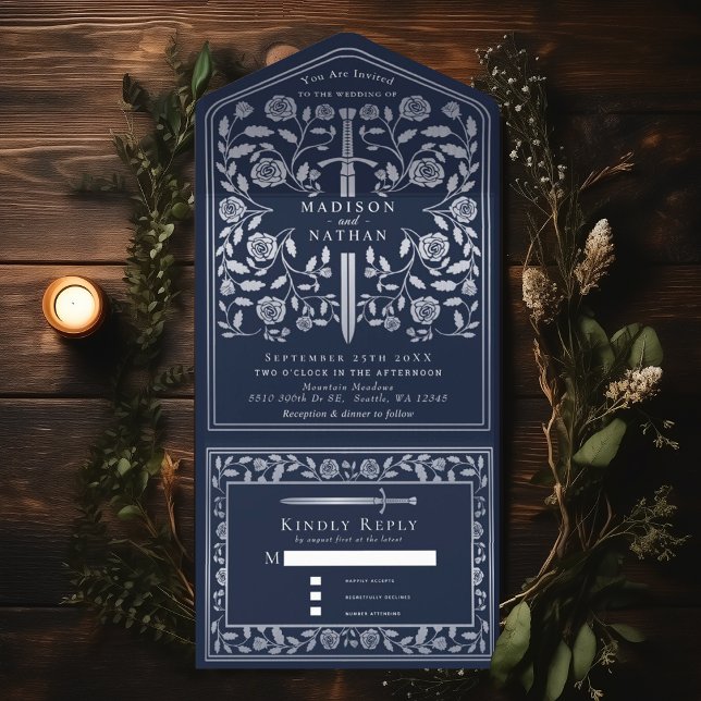 Silver Blue Royal Medieval Sword Wedding  All In One Invitation (Creator Uploaded)