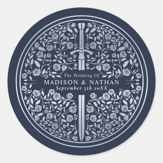 Silver Blue Royal Medieval Sword Wedding Classic Round Sticker (Front)