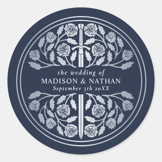 Silver Blue Royal Medieval Sword Wedding  Classic Round Sticker (Front)