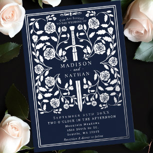 Silver Blue Royal Medieval Sword Wedding Foil Invitation