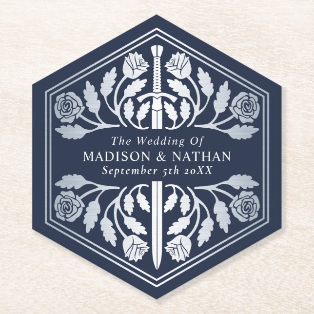 Silver Blue Royal Medieval Sword Wedding Paper Coaster (Front)