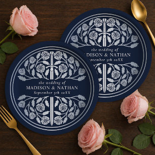 Silver Blue Royal Medieval Sword Wedding Paper Plates