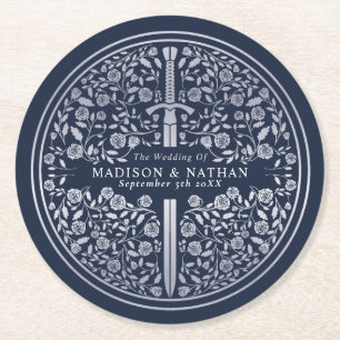 Silver Blue Royal Medieval Sword Wedding Round Paper Coaster