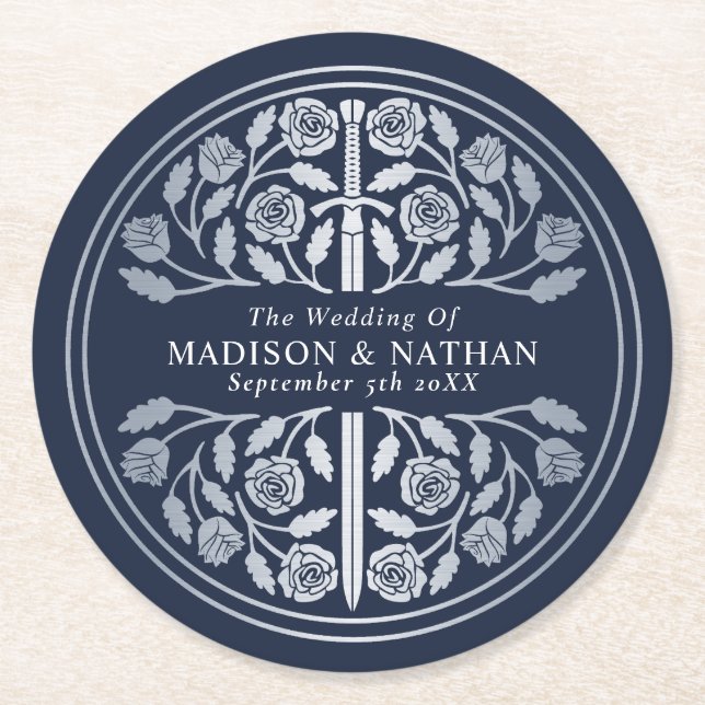 Silver Blue Royal Medieval Sword Wedding Round Paper Coaster (Front)