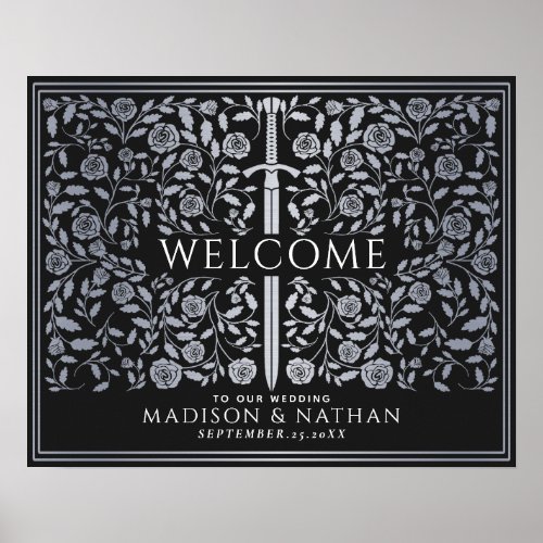 Silver Blue Royal Medieval Sword Wedding Welcome  Poster