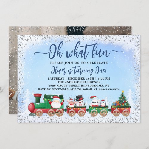 Silver Blue Santa Claus Christmas Birthday Photo Invitation