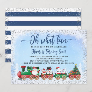 Silver Blue Santa Claus Christmas Kids Birthday Invitation