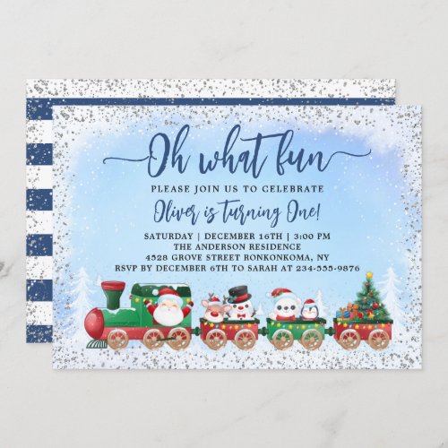 Silver Blue Santa Claus Christmas Kids Birthday Invitation