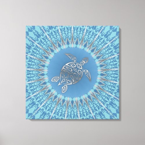 Silver Blue Sea Turtle And Mandala Canvas Print