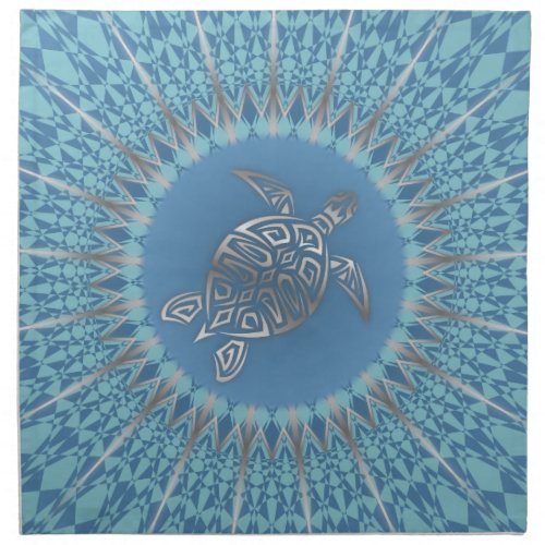 Silver Blue Sea Turtle And Mandala Cloth Napkin