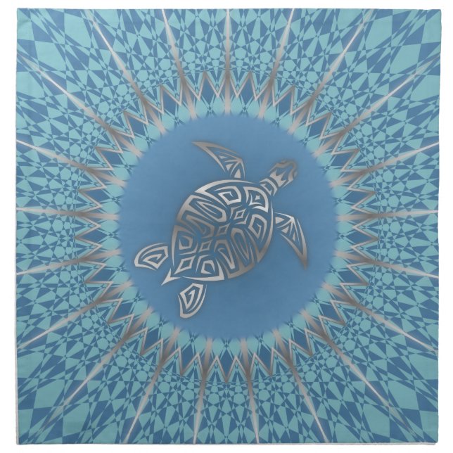 Silver Blue Sea Turtle And Mandala Cloth Napkin (Front)