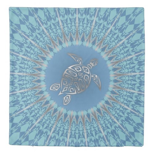 Silver Blue Sea Turtle And Mandala Duvet Cover