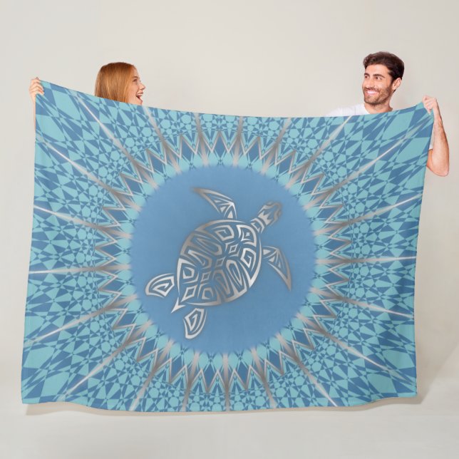 Silver Blue Sea Turtle And Mandala Fleece Blanket (In Situ)