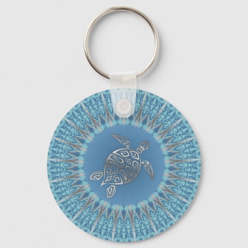 Silver Blue Sea Turtle And Mandala Keychain