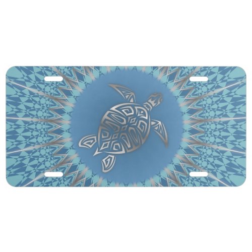 Silver Blue Sea Turtle And Mandala License Plate