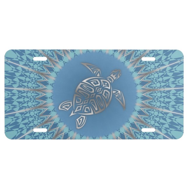 Silver Blue Sea Turtle And Mandala License Plate (Front)