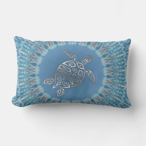 Silver Blue Sea Turtle And Mandala Lumbar Pillow