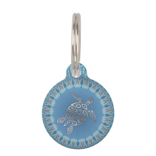 Silver Blue Sea Turtle And Mandala Pet ID Tag