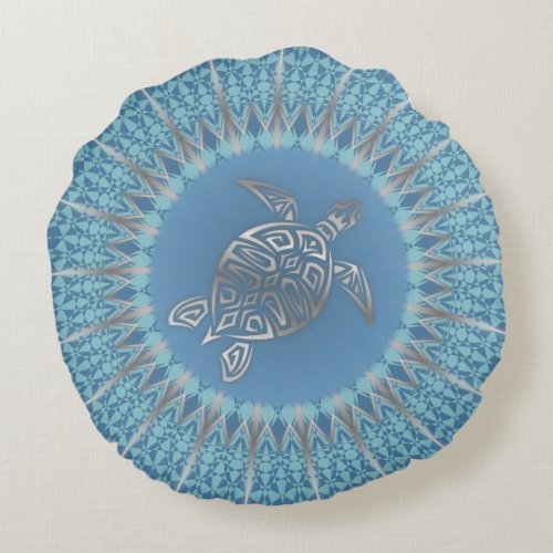 Silver Blue Sea Turtle And Mandala Round Pillow