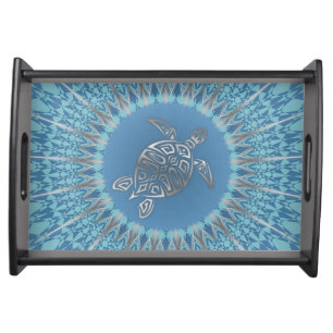 Silver Blue Sea Turtle And Mandala Serving Tray