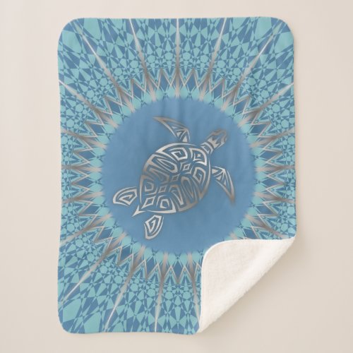 Silver Blue Sea Turtle And Mandala Sherpa Blanket